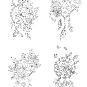 Op de afbeelding: Vier zwart-witte lijntekeningen van droomvangers met bloemversieringen. De droomvangers zijn versierd met veren en kralen. De droomvangers hebben verschillende vormen, waaronder een cirkel, een hart en een halve maan. De tekeningen zijn op een witte achtergrond.