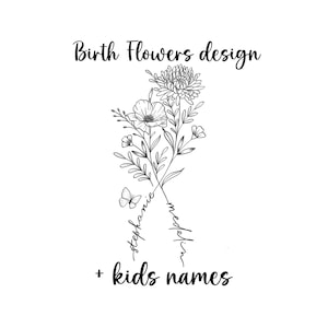 Kundenspezifisches Geburts-Blumen-Tattoo mit Kindernamen | Personalisierte Familienstrauß Design | Handgezeichneter floraler Name