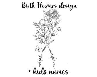 Custom Birth Flower Tattoo with Kids Names| Personalized Family Bouquet Design| Hand-Drawn Floral Name