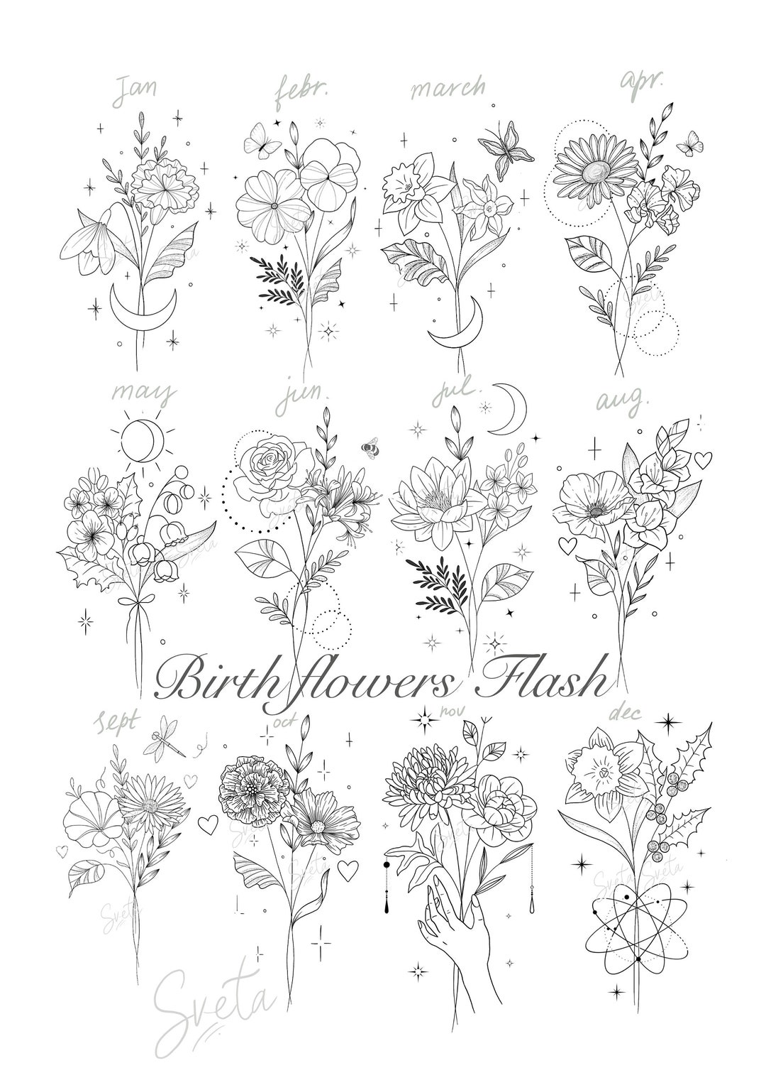 12 Birth Flower Tattoo Design/ Commercial Lisence - Etsy