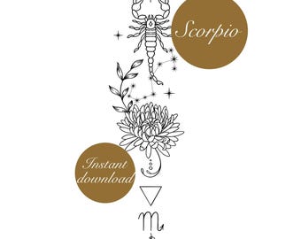 Scorpio Zodiac Symbols Tattoo Design/ Chrysanthemum Flower Constellation Fine line Art