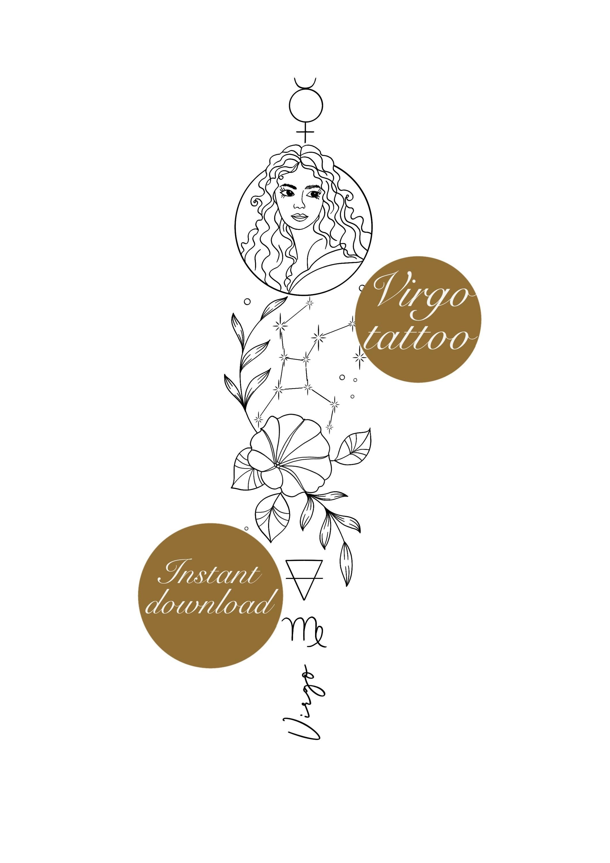 Virgo elements Tattoo Design/ Symbol tattoo/ Morning Glory Flower Constellation Tattoo instant download