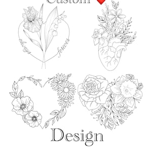 Può includere: Quattro disegni in bianco e nero di motivi floreali a forma di cuore. Il primo motivo presenta un cuore con le parole "always" e "forever" scritte all'interno. Il secondo motivo presenta un cuore con un bouquet di fiori all'interno. Il terzo motivo presenta un cuore con un bouquet di fiori all'interno. Il quarto motivo presenta un cuore con un bouquet di fiori all'interno e le parole "Sawyer" e "Sophia" scritte all'interno.