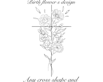 Unique Flower Cross Birth Flowers Tattoo For Women Daughters Moms DOB DOD Memorial