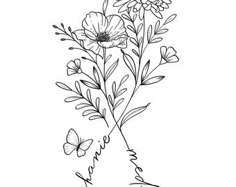 Arte de la flor de nacimiento, Ramo de tatuaje, Tatuaje floral, Tatuaje de nombre, Ramo de flores de nacimiento, Tatuaje del mes de nacimiento, Tatuaje svg, tatuaje personalizado