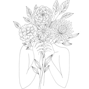 May include: A line drawing of a person holding a bouquet of flowers. The flowers include carnations, daisies, and chrysanthemums. The person's hands are visible, holding the stems of the flowers.