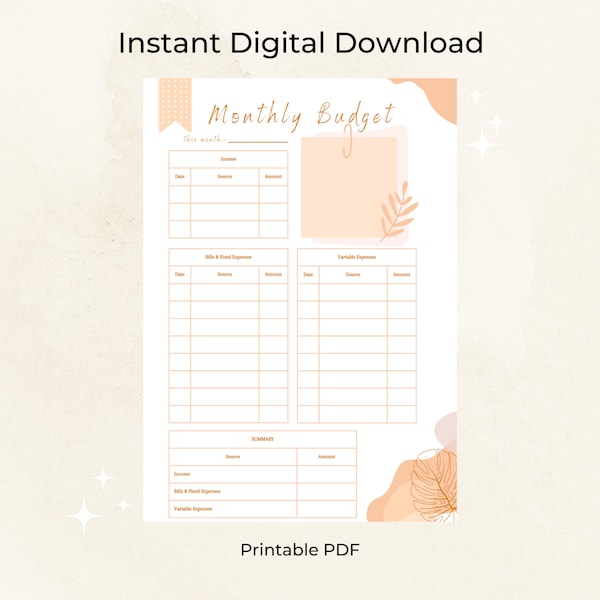 Pink and Orange Printable Monthly Budget Template | Budget Planner | Financial Tracker