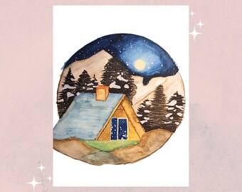 Cabin on a Winters Night | Digital Art Print | INSTANT DOWNLOAD | Printable | Wall Art | Watercolour Home Decor