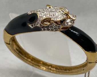 Vintage Panetta Black Enamel Panther Cuff Bracelet Gold-plated
