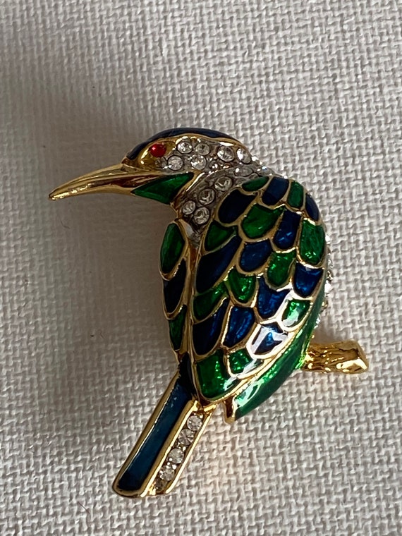 Rhinestone and green and blue enameled  bird broo… - image 5