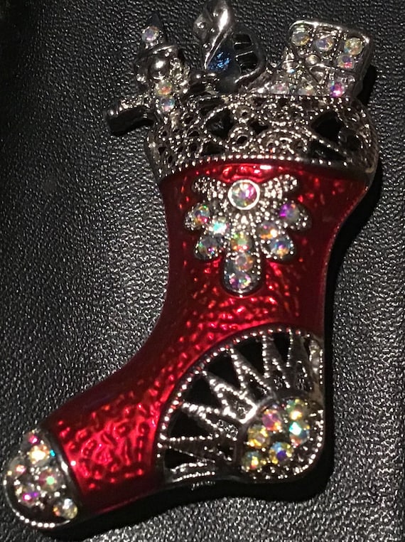 Enamel and rhinestone Christmas stocking pin - image 2