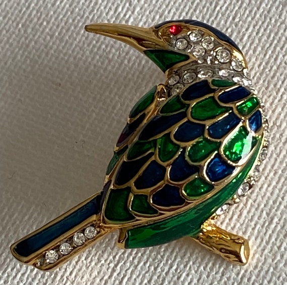 Rhinestone and green and blue enameled  bird broo… - image 1