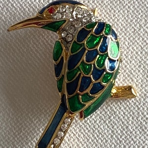 Strass und grün und blau emaillierte Vogel Brosche Bild 2