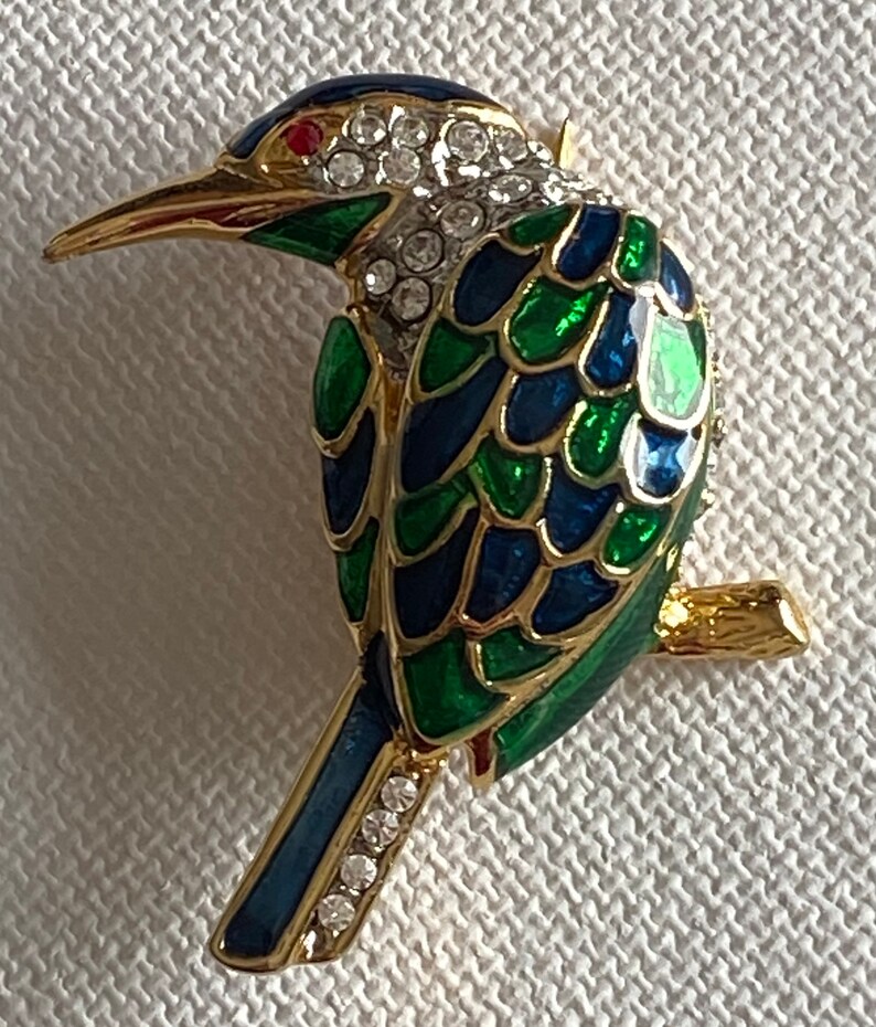 Strass und grün und blau emaillierte Vogel Brosche Bild 2