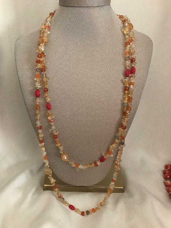 Single strand long carnelian stone necklace