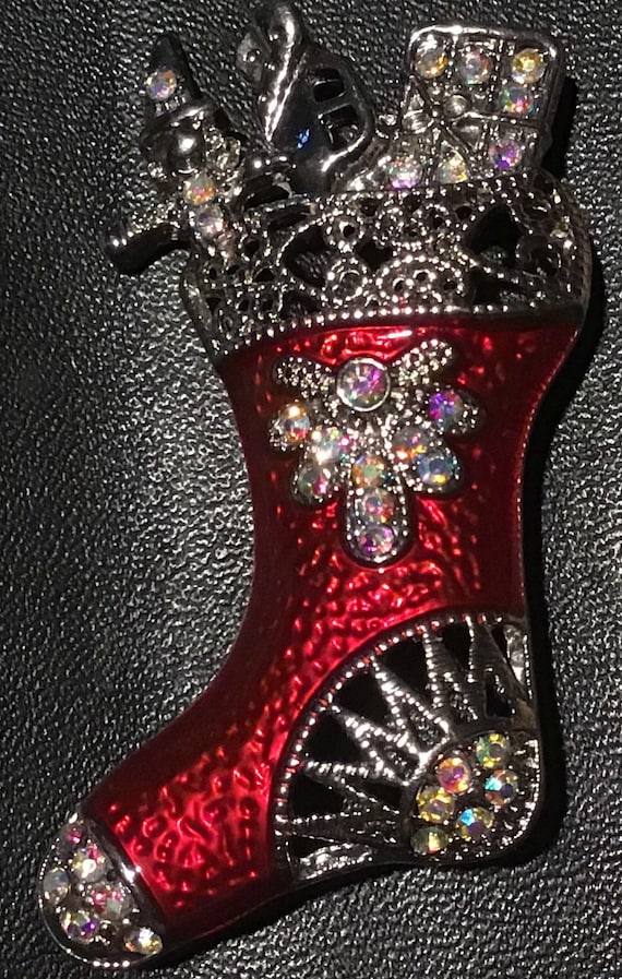 Enamel and rhinestone Christmas stocking pin - image 1