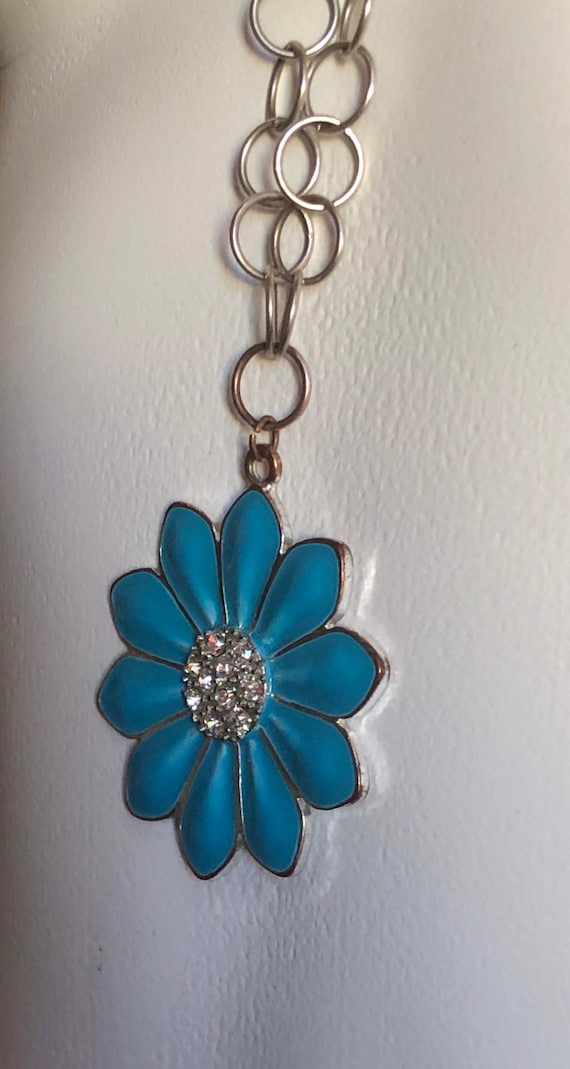 Cornflower Blue enameled daisy with rhinestone cen