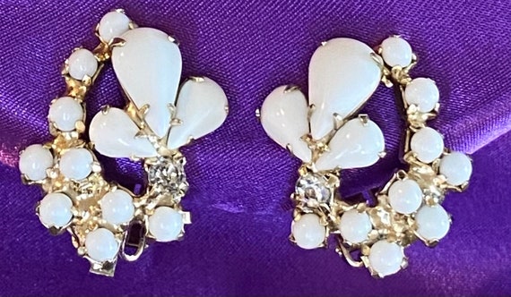 Vintage milk glass and crystal clip earrings
