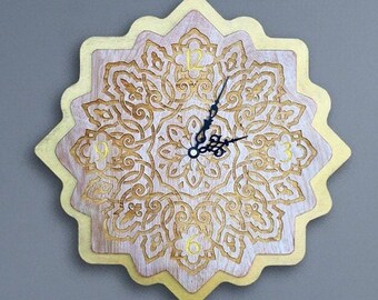 Wall Clock with Ornament. Wooden Wall Clock. Laser Cutting Wall Clock. Holiday gift. Christmas gift. Housewarming gift.