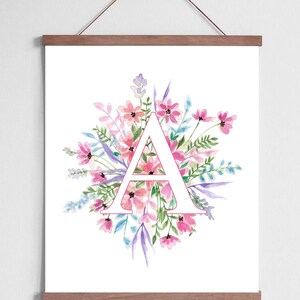 Acuarela Floral Burst Monogram Print / Scandi Inicio / Estampado de Guardería / Decoración de bodas / Número de mesa