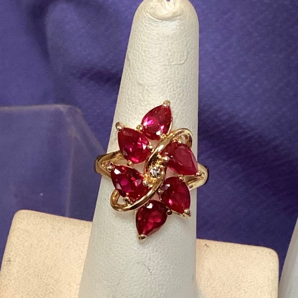 Ross Simons Gold over Sterling Syn. Ruby with Diamond Jewelry Set with Necklace.  Ring Size 7