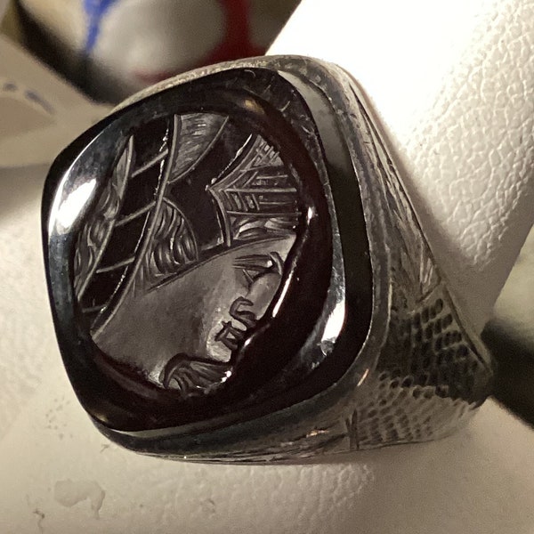 Art Deco Agate Cameo Signet Ring in Sterling Circa 1920's  Size 9
