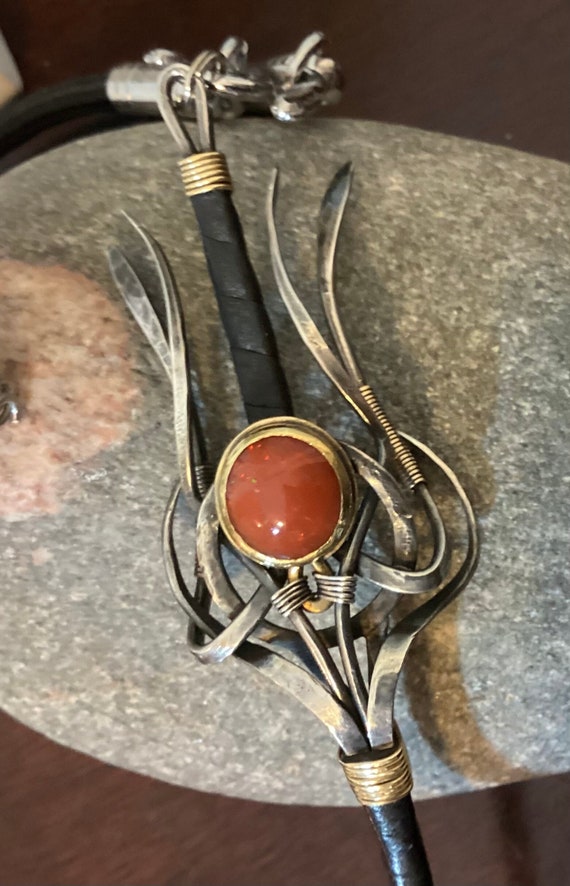 Handcrafted Modernist Fire Opal Pendant in Sterlin
