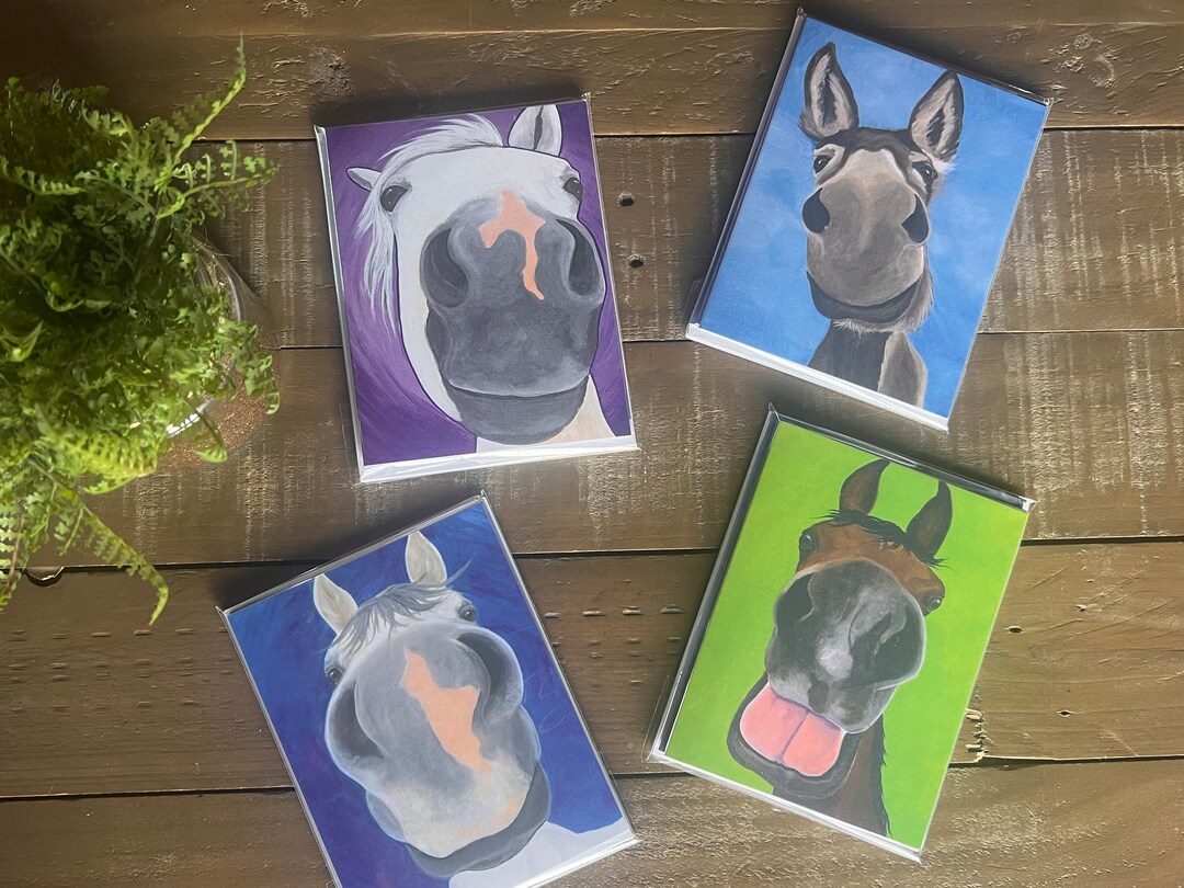 Donkey Ravello Kissable, Cute Horse/donkey Set of 4 Assorted Nose Blank Notecards With ...