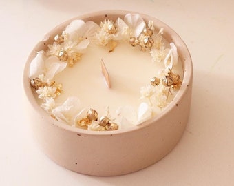 Scented candle LIN, dried and preserved flowers white and gold, eco-responsible handmade gift, white and gold Christmas decoration