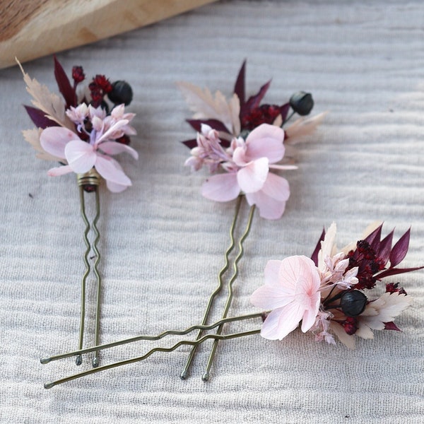 Set FIONA-haarspelden in gedroogde en geconserveerde bloemen voor boho chic bruidskapsel in blush- en wijnkleur, bordeauxrode bloemenkam