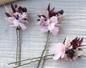 Set of FIONA hairpins in dried and preserved flower for boho chic wedding hairstyle blush and wine color, rose and burgundy flower comb