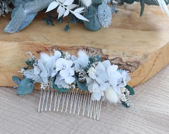 DELYA Haarkamm, getrocknete und stabilisierte Blumen in der Farbe Weiß und Perlgrau, Brautfrisur-Accessoire, nachhaltige natürliche Blume