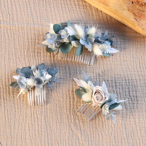 Peigne ELSA fleurs séchées et stabilisées ton bleu gris pour coiffure de mariée, accessoire mariage bohème d'hiver