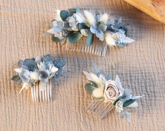 Peigne ELSA fleurs séchées et stabilisées ton bleu gris pour coiffure de mariée, accessoire mariage bohème d'hiver