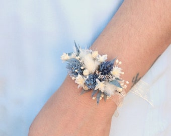 Bracelet OCEANE fleur séchée dusty blue accessoire bohème pour mariée demoiselle d'honneur Cadeau original demande témoin