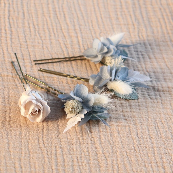 Lot d'épingles à cheveux ELSA en fleur séchée et stabilisée pour coiffure mariage bohème d'hiver couleur gris bleu