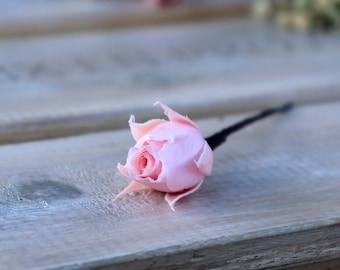 Pic Bouton de rose stabilisé, bouton de rose pour chignon,pic de fleur pour cheveux, fleurs pour coiffure de mariée et demoiselles d'honneur