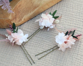 Lot épingles à cheveux POLA hortensia stabilisé rose pastel pour coiffure mariage printemps, accessoire pour cheveux fleurs séchées bohème