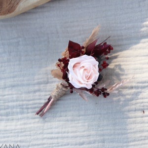 Boutonniere FERVEUR groom accessory dried and preserved flowers blush and wine tones, burgundy and pink boho wedding accessory