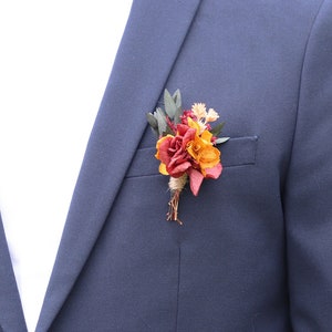 Buttonhole VOLTIGE groom&#39;s accessory dried and preserved natural flower boho summer wedding ocher and terracotta color