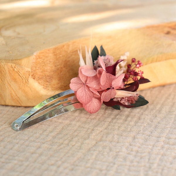 Barrette à cheveux GENA style clic-clac fleur séchée pour enfant et adulte, Accessoire à cheveux mariage, baptême, communion rose Magenta