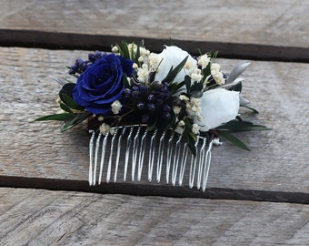 Peigne VALENTINE en fleur stabilisée bleue pour coiffure mariage, accessoire fleur bleue pour cheveux mariée mariage bohème fleur stabilisée