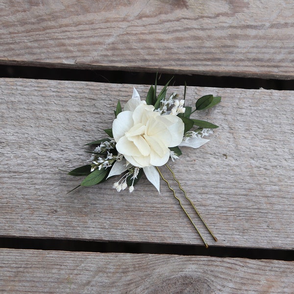 Epingle à cheveux MERRYL, pic à cheveux hortensia et eucalyptus stabilisés, accessoire coiffure fleur éternelle, barrette fleur préservée