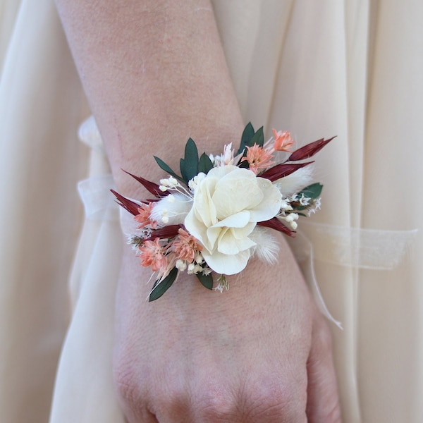 Bracelet ROSITA  dried and preserved flower ivory and terracotta boho accessory for bride and bridesmaid, Original gift witness request