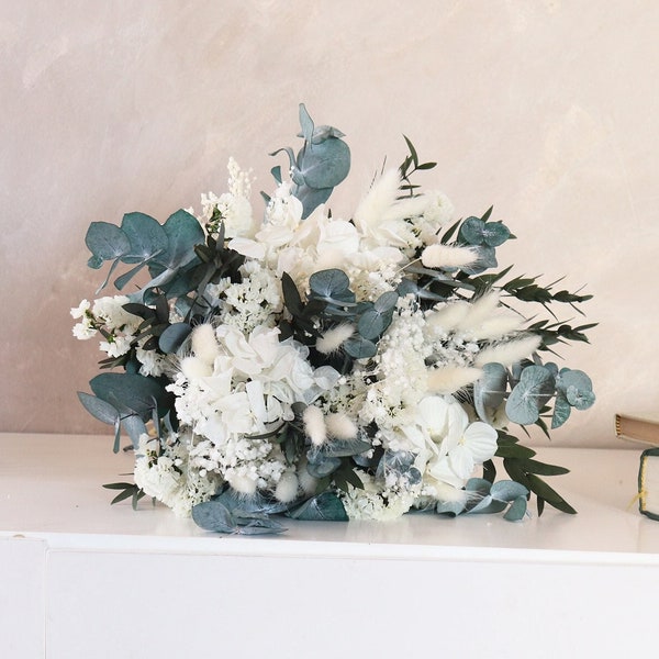 Bouquet LISBONNE gypsophile blanc et eucalyptus stabilisés, bouquet éco-responsable fleurs naturelles durables pour mariage bohème champêtre