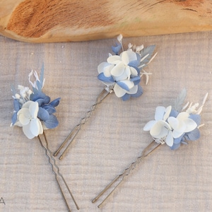 Lot d'épingles à cheveux SERENA fleur stabilisée blanc et bleu pâle pour mariage bohème, accessoire coiffure en fleur naturelle séchée bleue Lot 3 pics