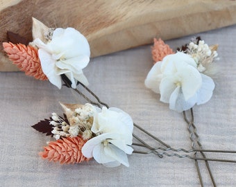 Set of PAMELA hairpins in dried and preserved flowers for boho wedding hairstyle Coachella theme terracotta and gold color