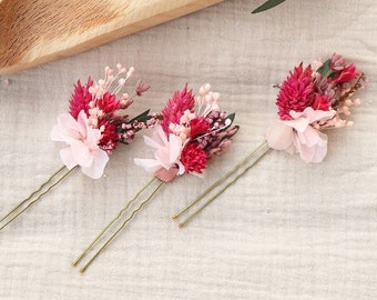 Lot épingles à cheveux BERYL en fleurs séchées et stabilisées pour coiffure mariage d'été couleur blush et berry, peigne coiffure de mariée