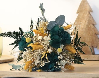 Bouquet fleurs stabilisées vert émeraude TRINIDAD, déco tendance exotique couleur emeraude et jaune moutarde, arrangement moderne fleur séch