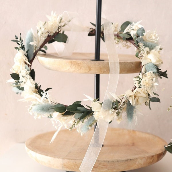 Couronne de fleurs séchées GIULIANA tons pastels thème mariage en Provence, accessoire coiffure de mariée boho en fleur stabilisée